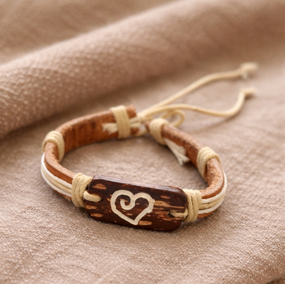 Boho Heart Adjustable Cord Bracelet | Brown & Cream Natural Style